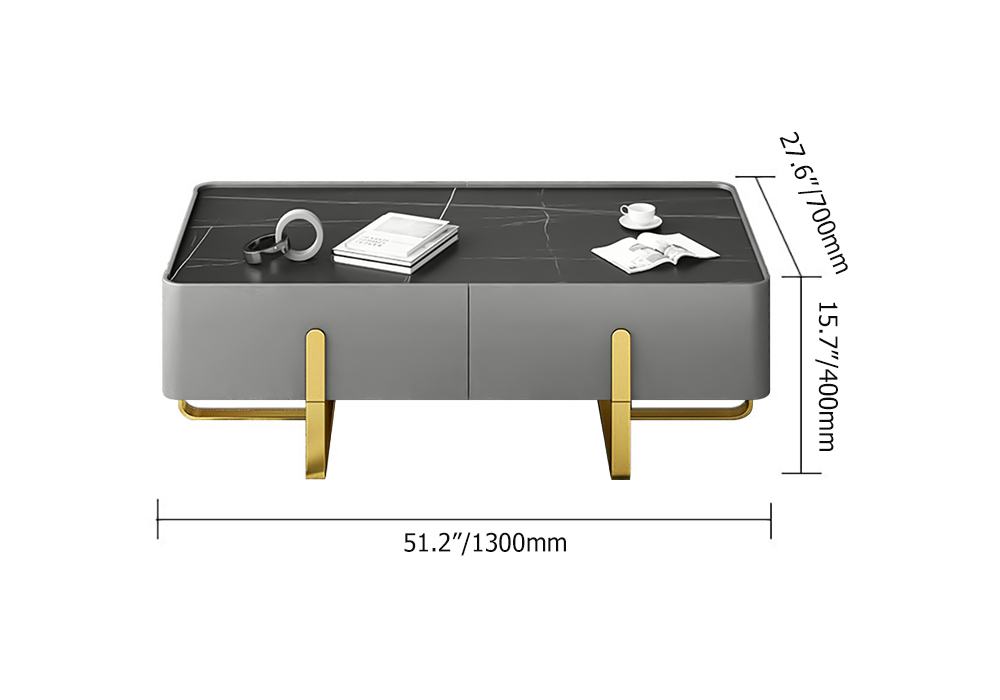 Modern Coffee Table with Storage Black Stone Top & Gold Stainless Steel Trestle