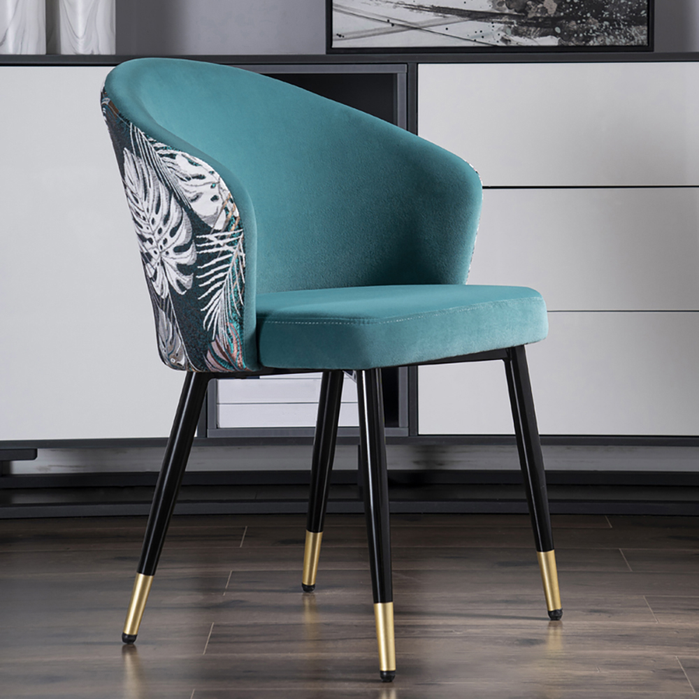 Greenish Blue Upholstered Velvet Dining Chair Curved Back Modern Arm Chair Gold & Black