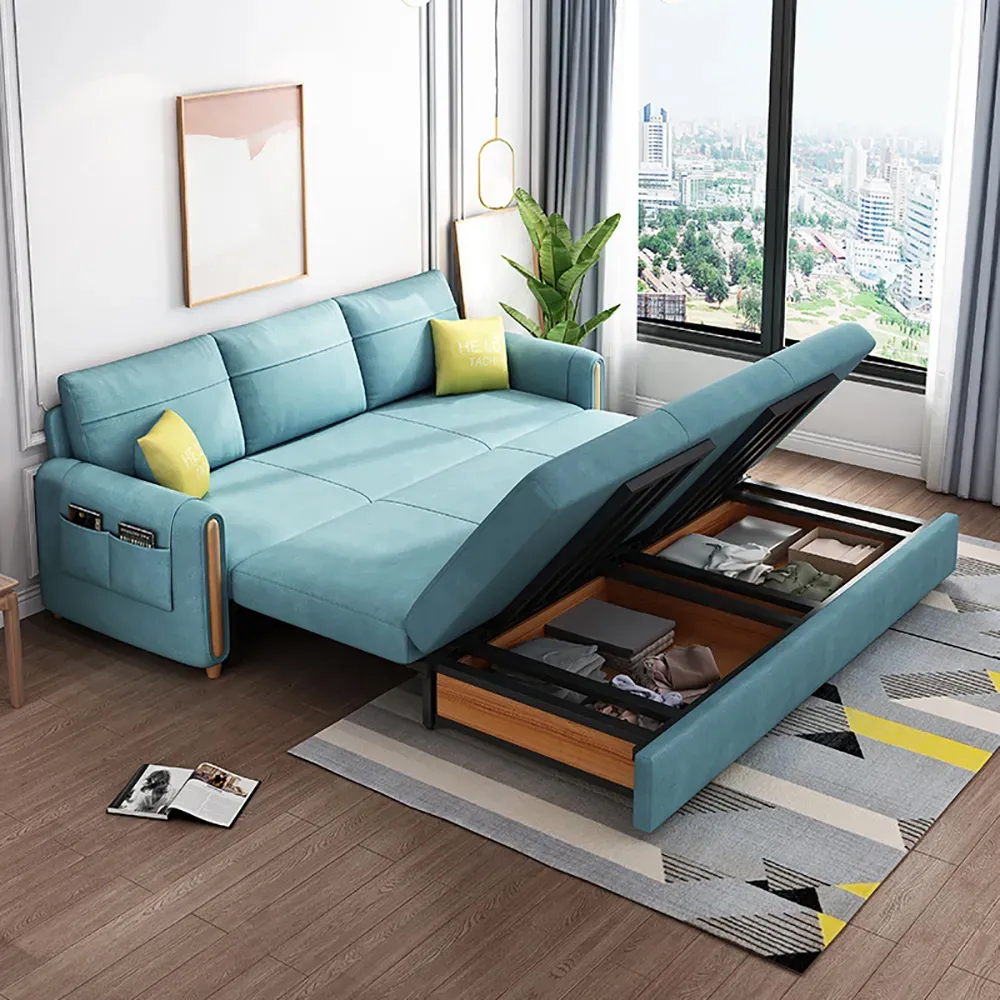 2060mm Blue Arm Full Sleeper Sofa Bed with Storage&Side Pockets