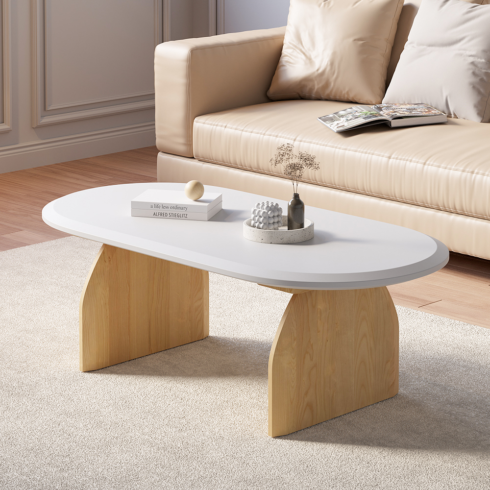 47" Farmhouse Oval Wood Coffee Table in Natural & White with 2 Abstract Legs