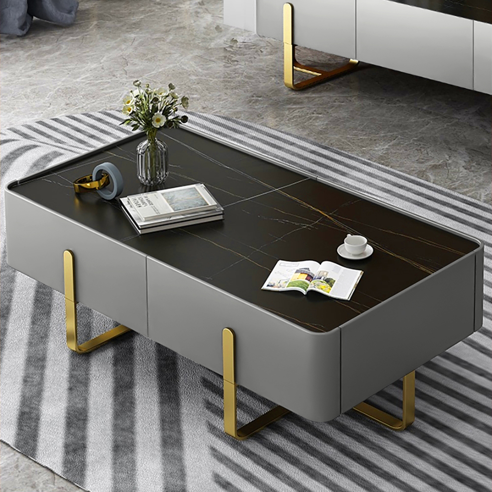 Modern Coffee Table with Storage Black Stone Top & Gold Stainless Steel Trestle