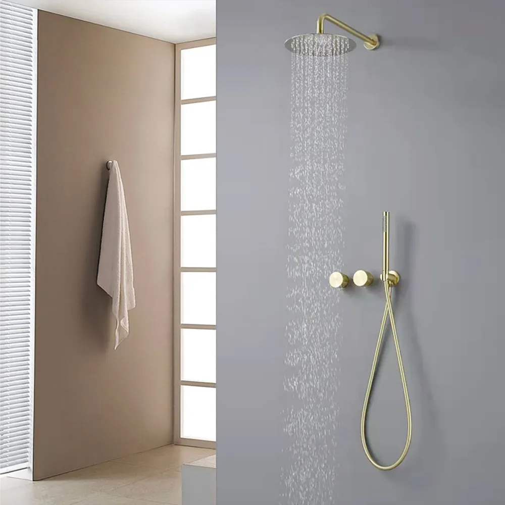 Image of 12" Wall-Mounted Rain Shower System with Hand Shower Brushed Gold