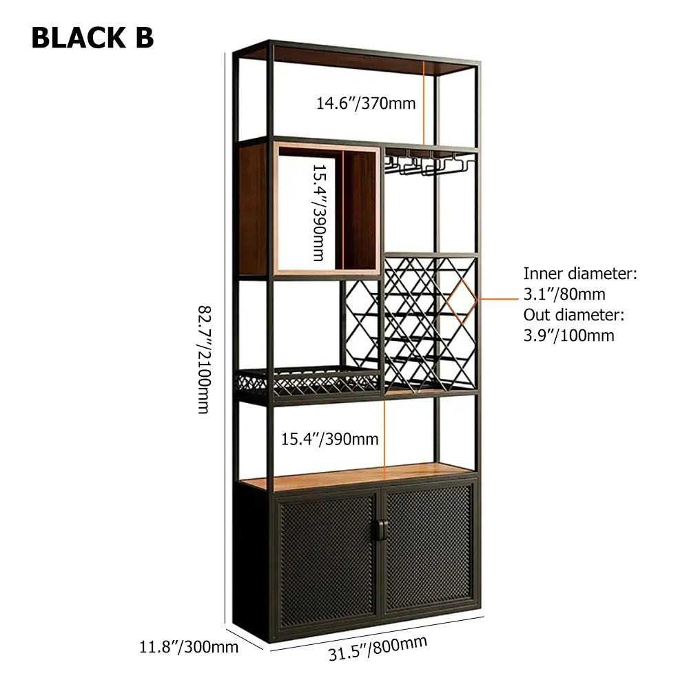 Industrial Tall Black Bar Wine Rack Cabinet with Glass Holder Wood  Home Bar Cabinet