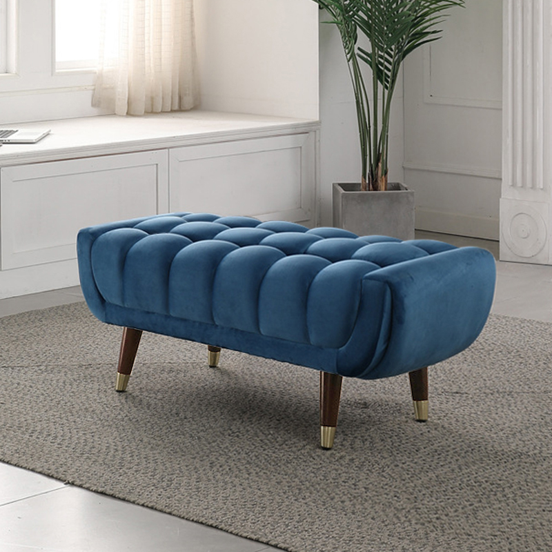Modern Hallway Bench Blue Velvet Upholstered Ottoman Bench for End of