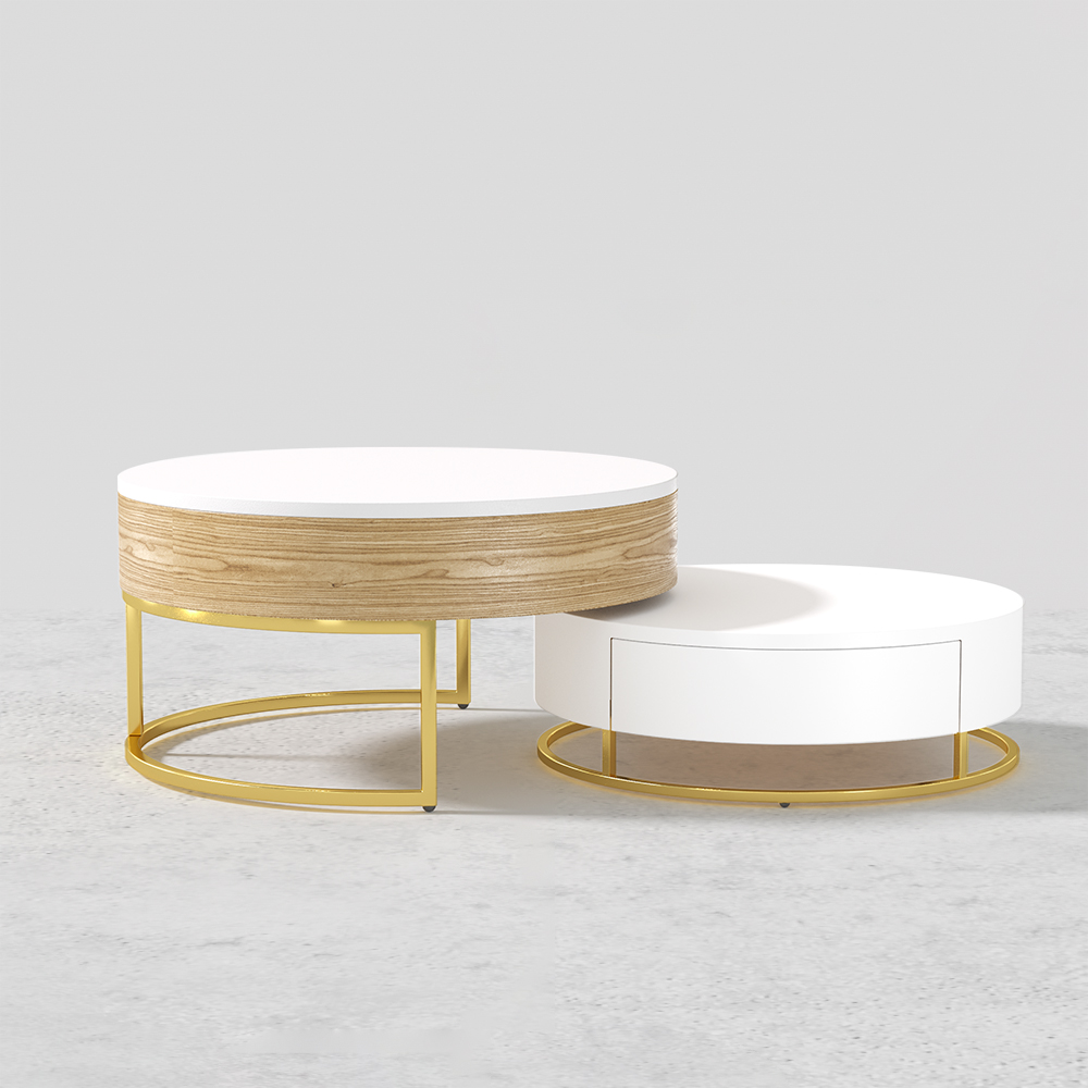 Nesnesis Modern Round Lift-top Nesting Wood Coffee Tables with 2 Drawers White & Natural