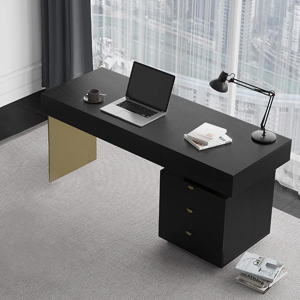Image of 63" Modern Black Office Computer Desk with 6 Drawer & Gold Leg