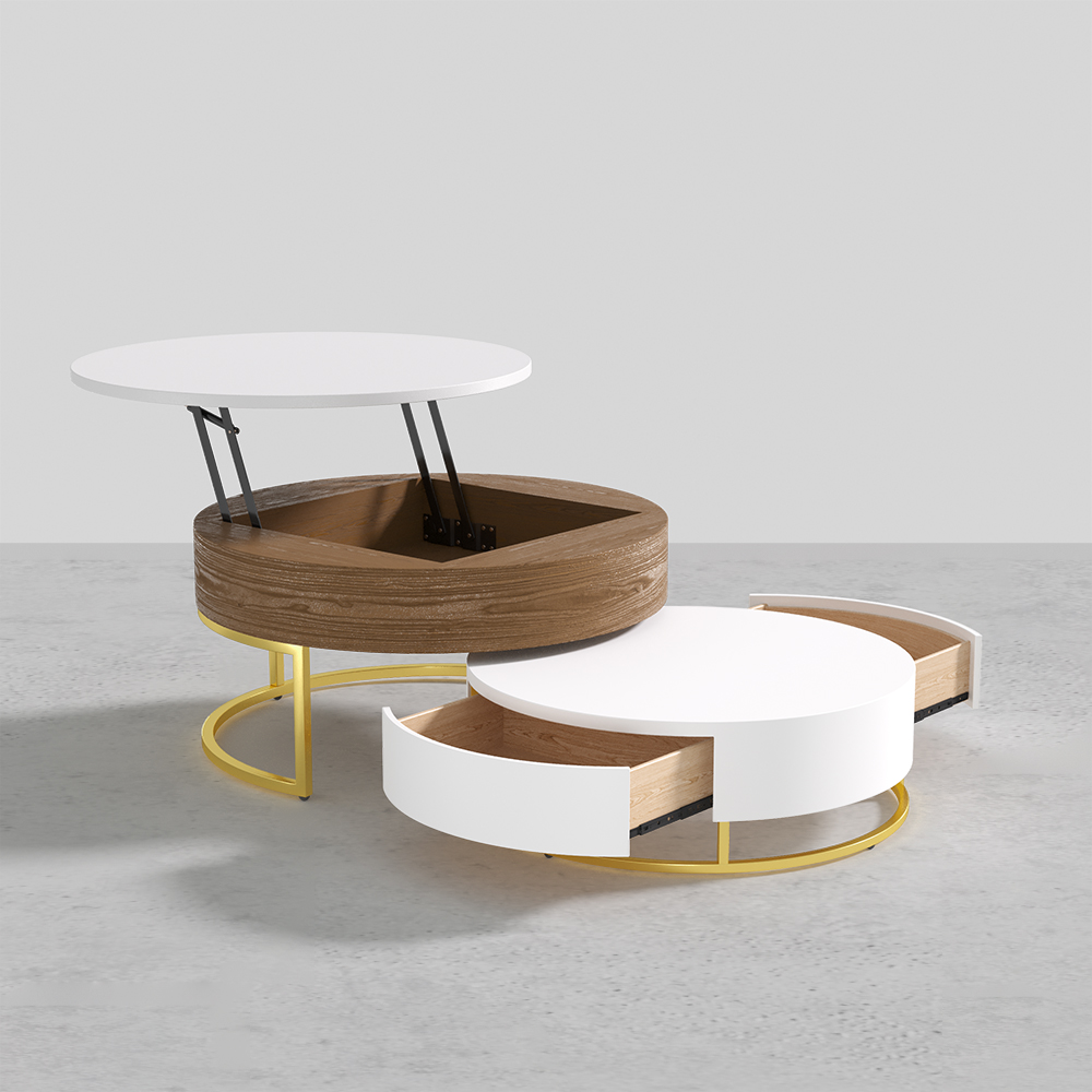 Nesnesis Round Wood Lifttop Nesting Coffee Table with Rotatable