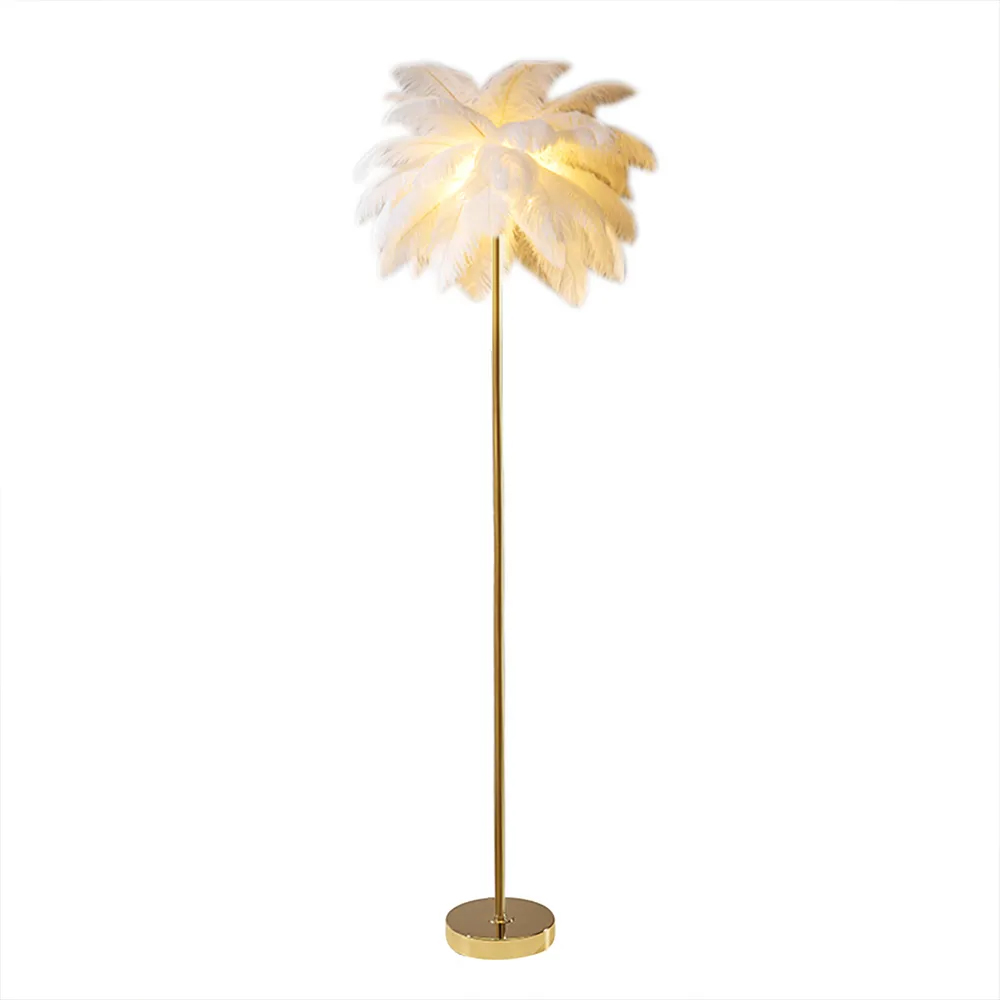 Modern Floor Lamp with White Feather Shade Gold Finish-Homary