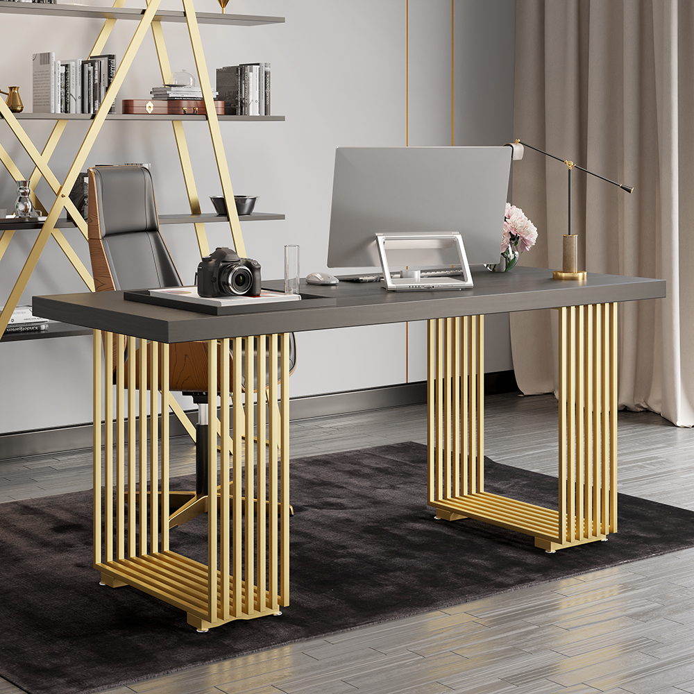 63" Modern Black Computer Desk Rectangular Desk with Solid Wood Table Top & Gold Frame