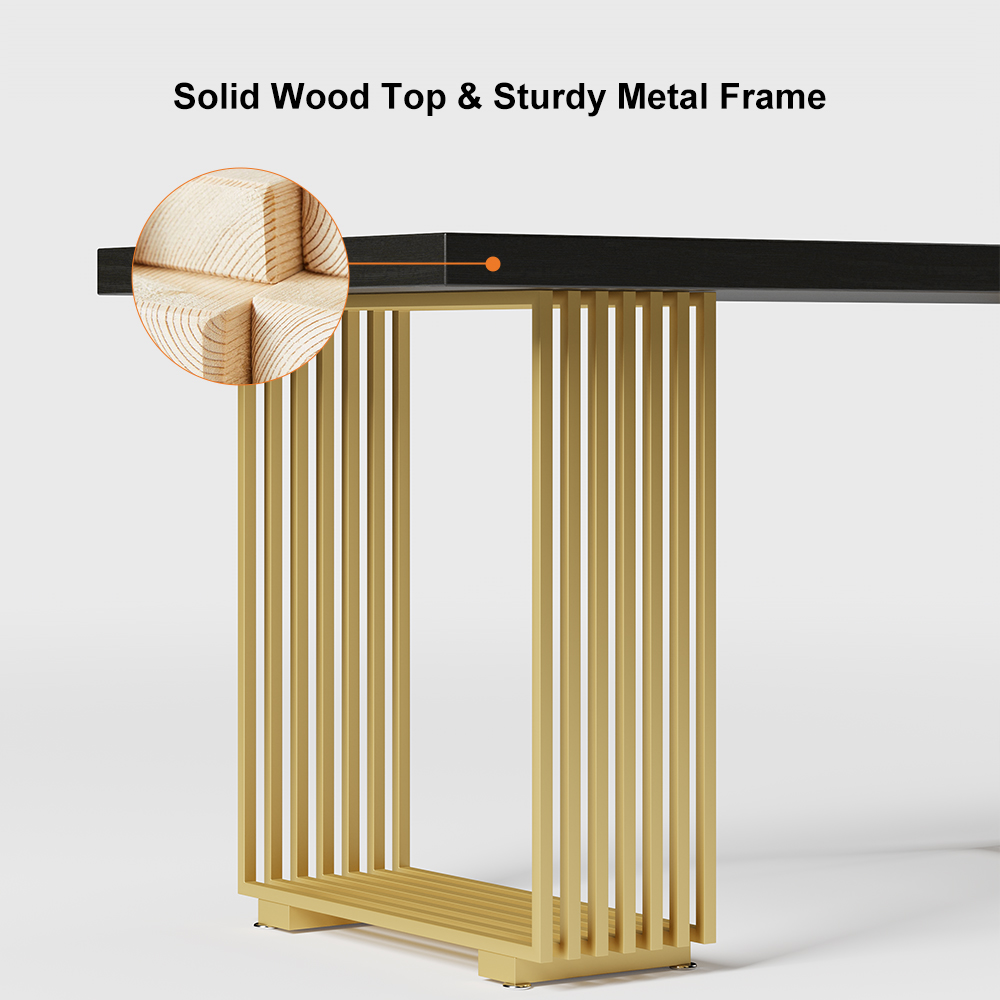 63" Modern Black Computer Desk Rectangular Desk with Solid Wood Table Top & Gold Frame