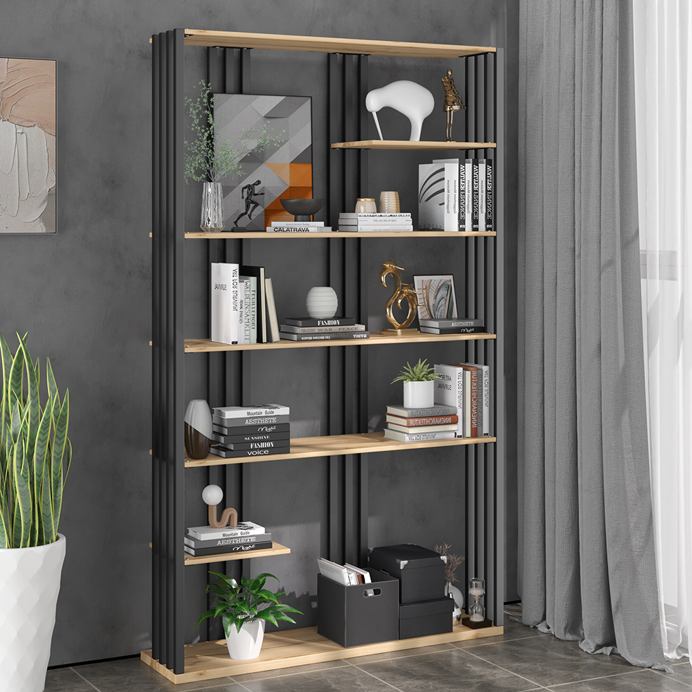 2000mm Modern Natural Etagere Bookcase 6-Tier Bookshelf Display in Black  Finish