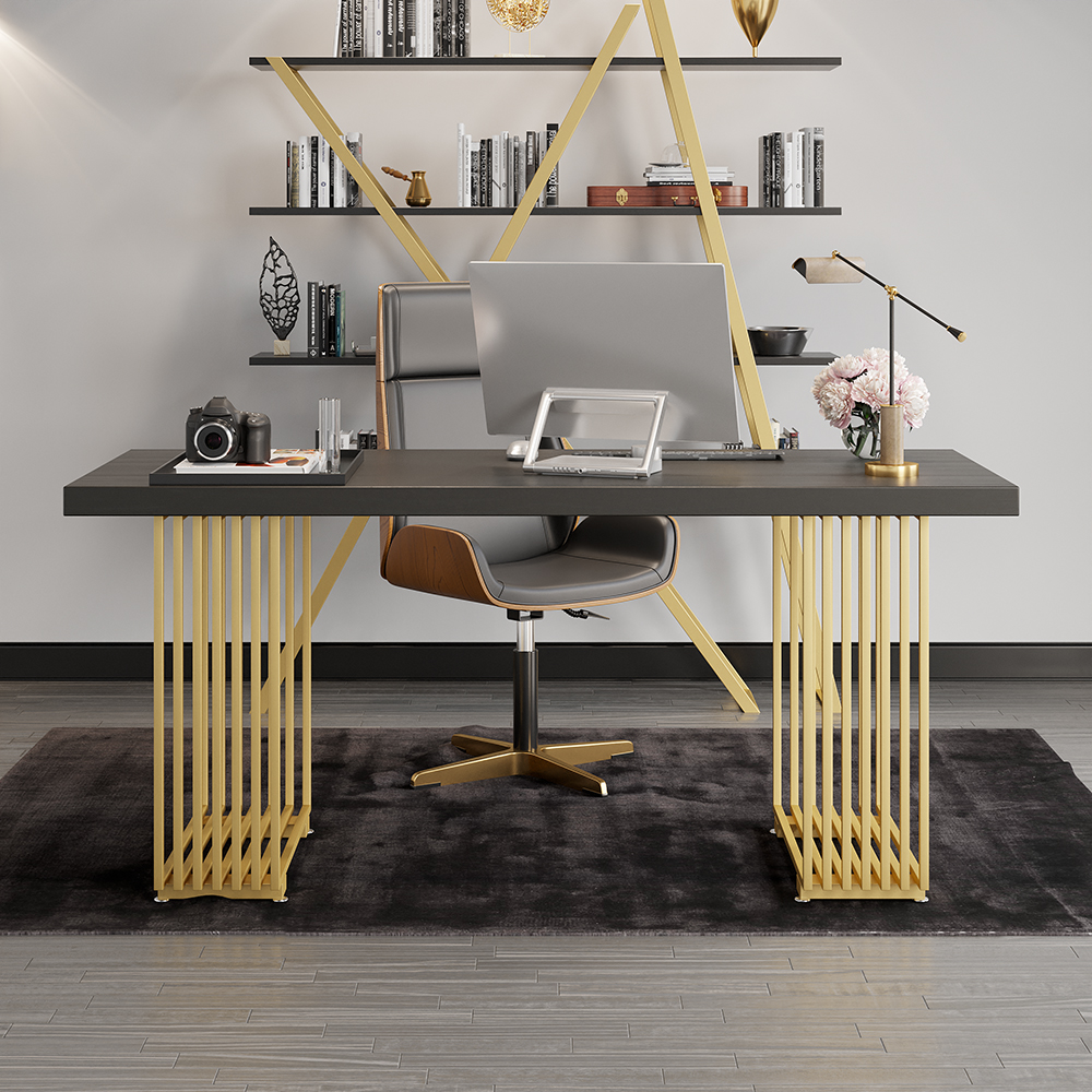 1400mm Modern Black Computer Desk Office Desk with Solid Wood Table Top & Gold Frame