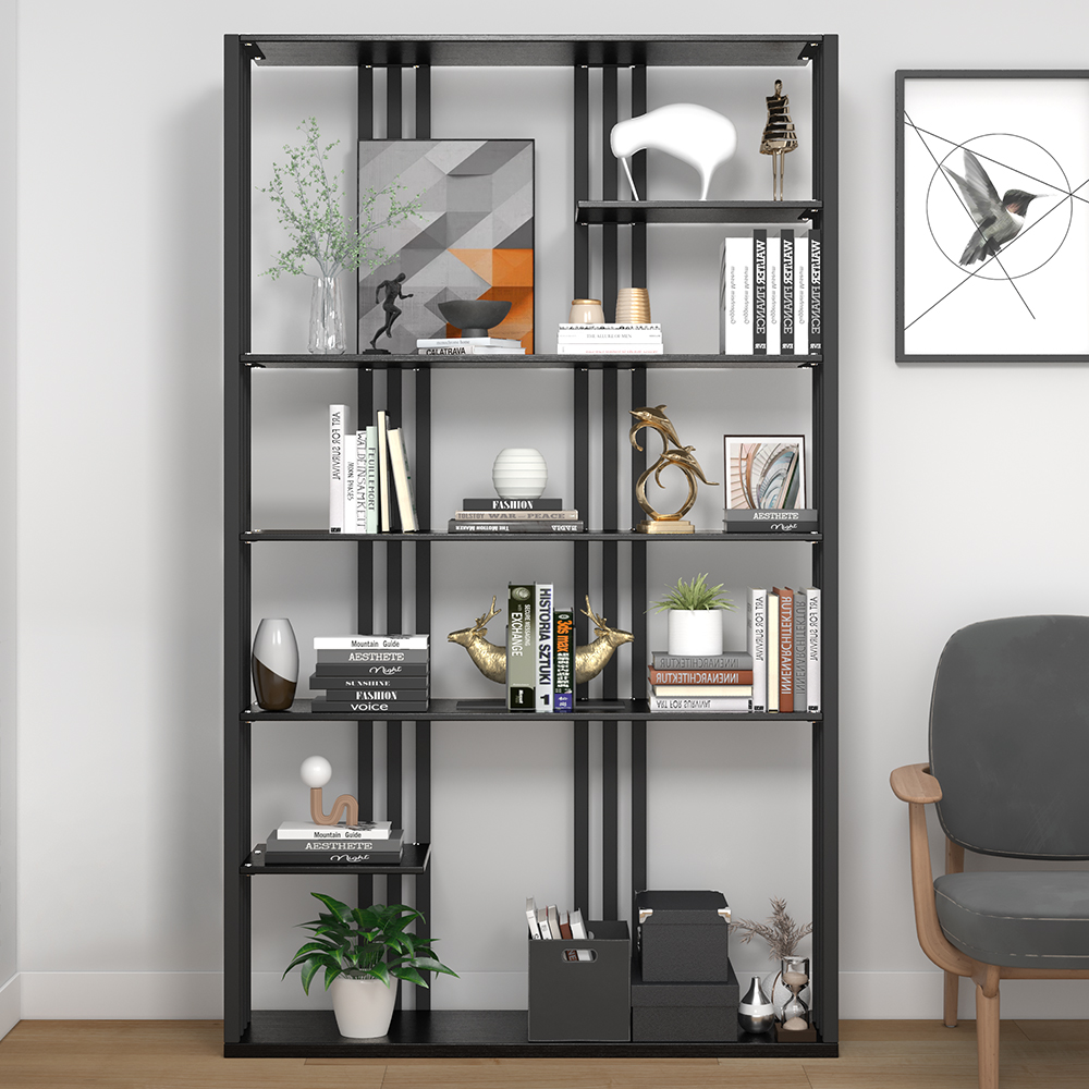 2000mm Modern Steel Etagere Bookshelf Display Shelving 6-Shelf in Black Tall Book Shelf