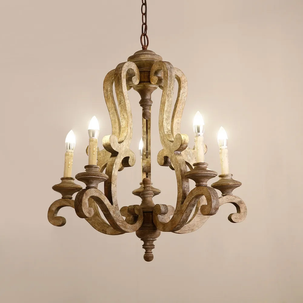 Cottage Style Distressed 5-Light Candelabra Chandelier with Scrolled Arms & Rust Canopy