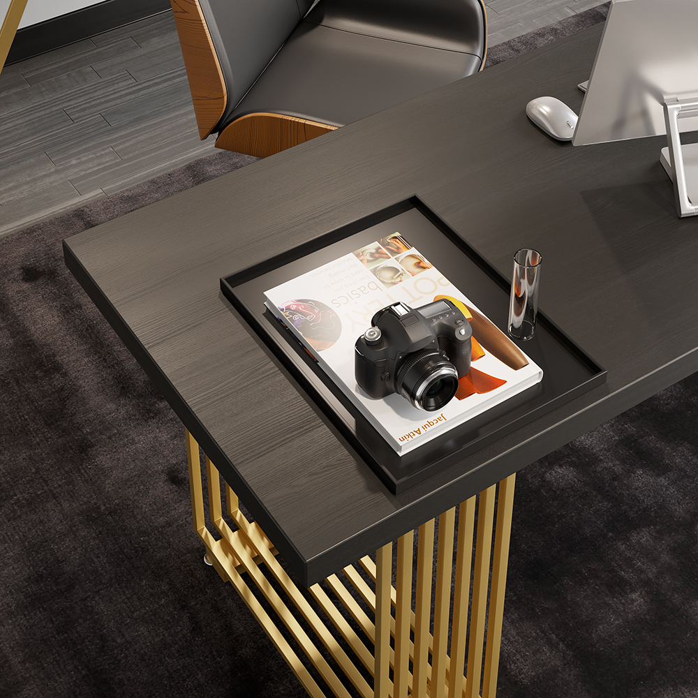 1600mm Modern Rectangular Black Computer Desk with Solid Wood Table Top & Gold Frame