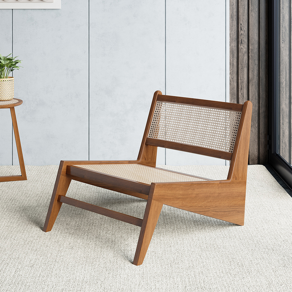 Rattan und Holz Lounge Chair Akzent Stuhl in Nussbaum