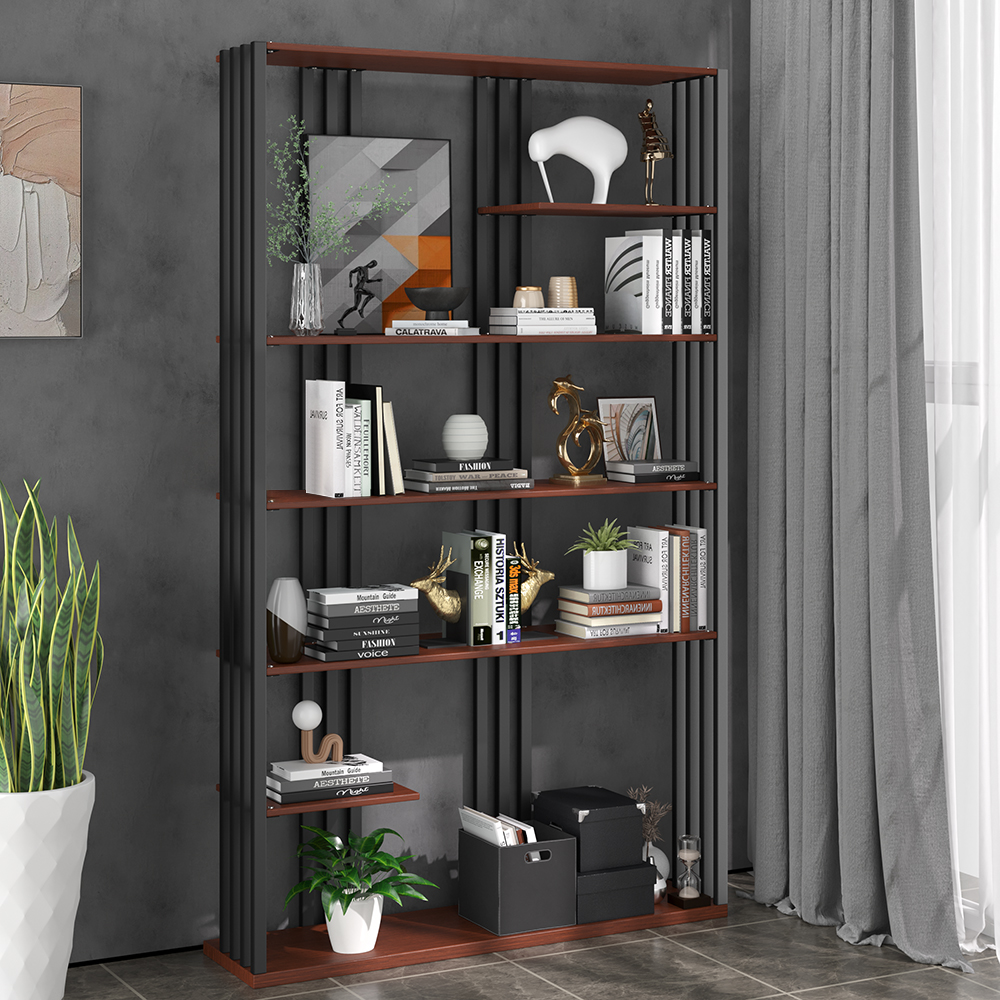 2000mm Industrial Black Walnut Etagere Bookshelf Display Shelving Tall Book Shelf in Ste