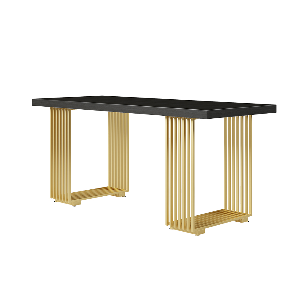 55" Modern Black Computer Desk Writing Desk with Solid Wood Table Top & Gold Frame