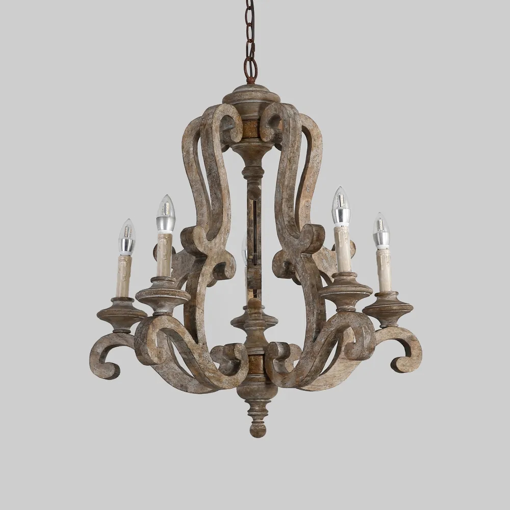Cottage Style Distressed 5-Light Candelabra Chandelier with Scrolled Arms & Rust Canopy