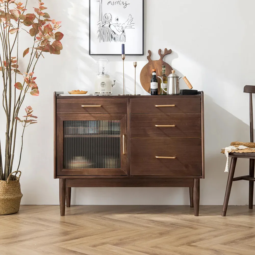 Nordic Walnut Wood Sideboard with Glass Doors & 4 Drawers & Adjustable Shelf in Large