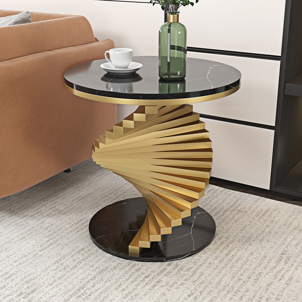 Modern Round Metal Black & Gold Side Table with Marble Tabletop End Table