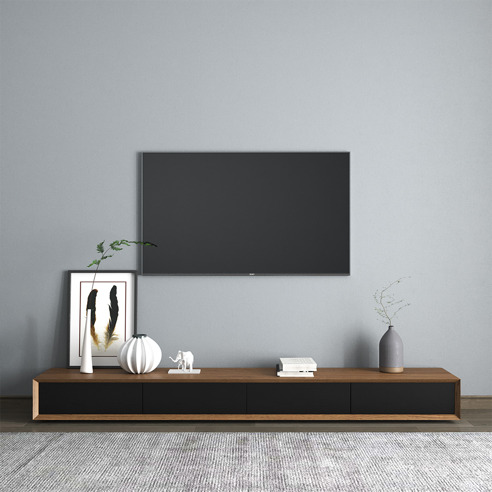 Morami Modern 2400mm Walnut & Black TV Stand Rectangle Media Console with 4 Drawers