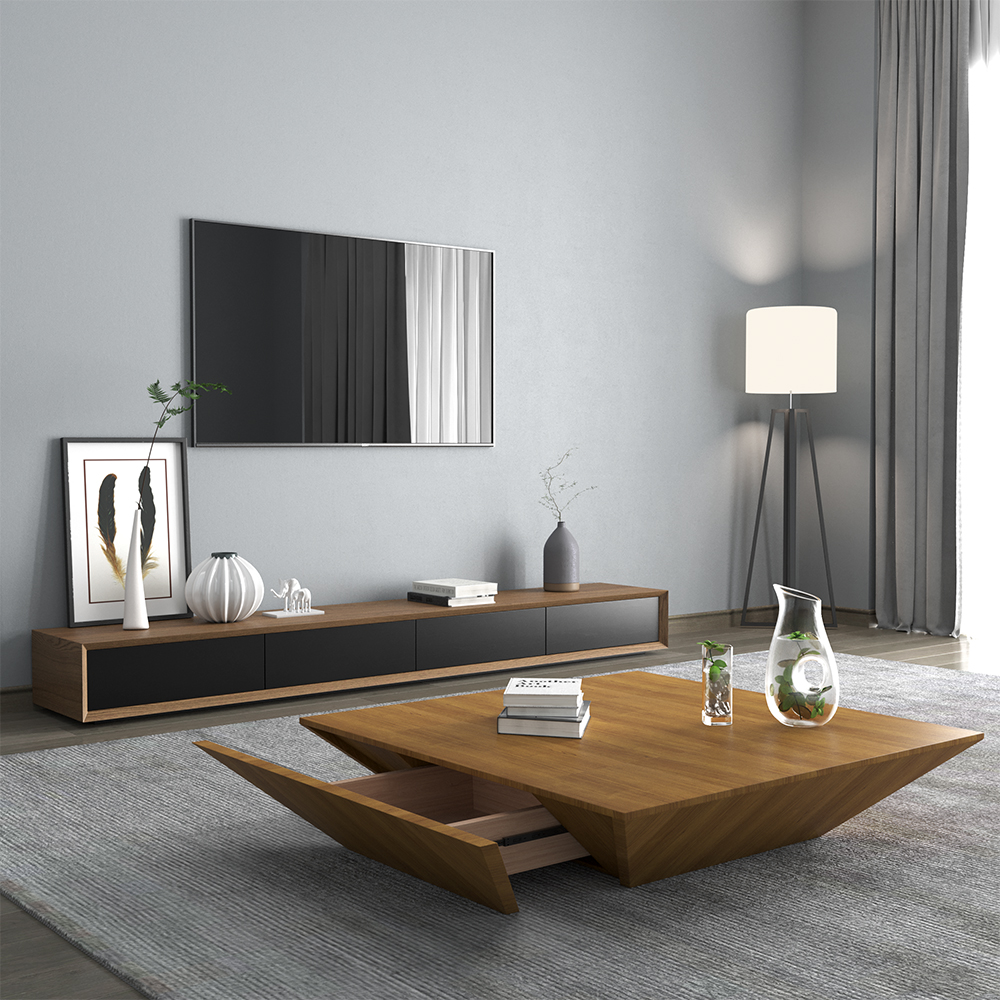 Morami Modern 2400mm Walnut & Black TV Stand Rectangle Media Console with 4 Drawers