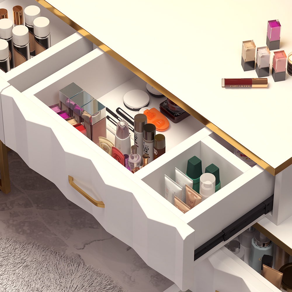 Modern White Extendable Makeup Vanity 5 Drawers Dressing Table Set with