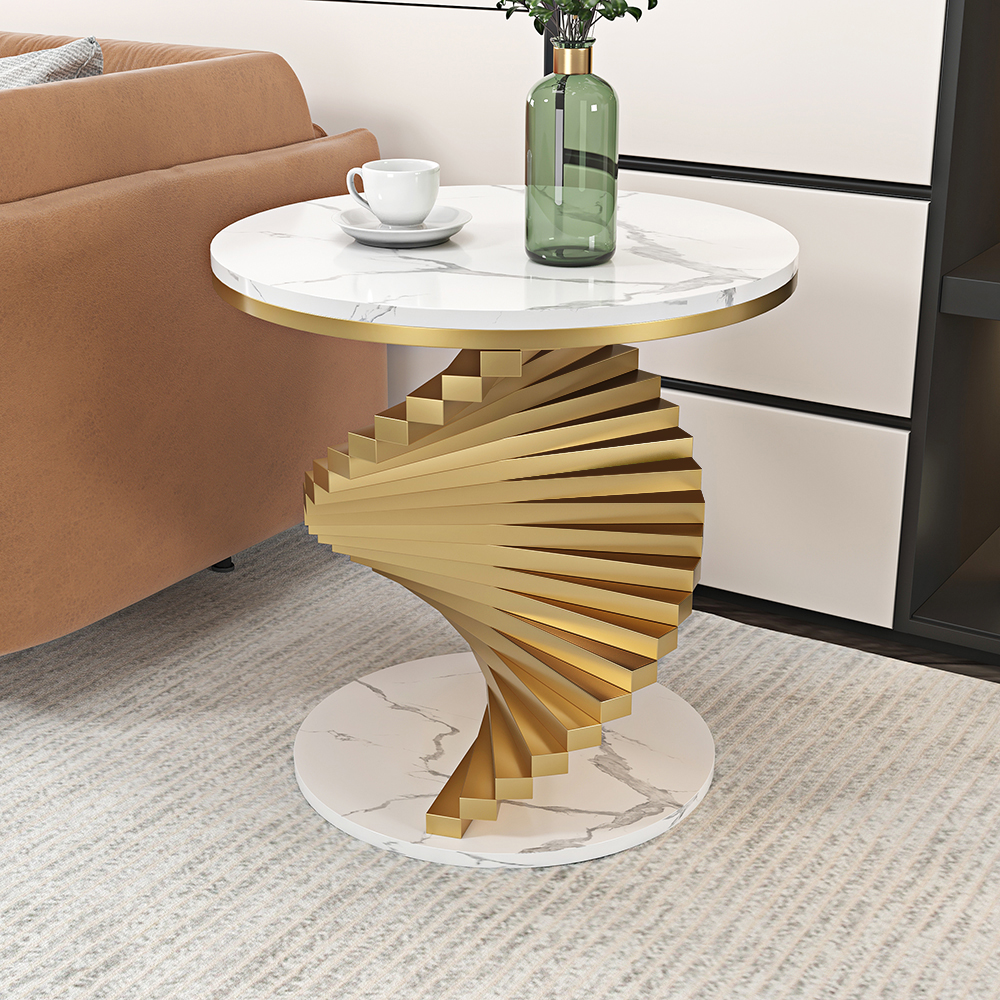 Modern White Round Metal Side Table with Faux Marble Tabletop End Table