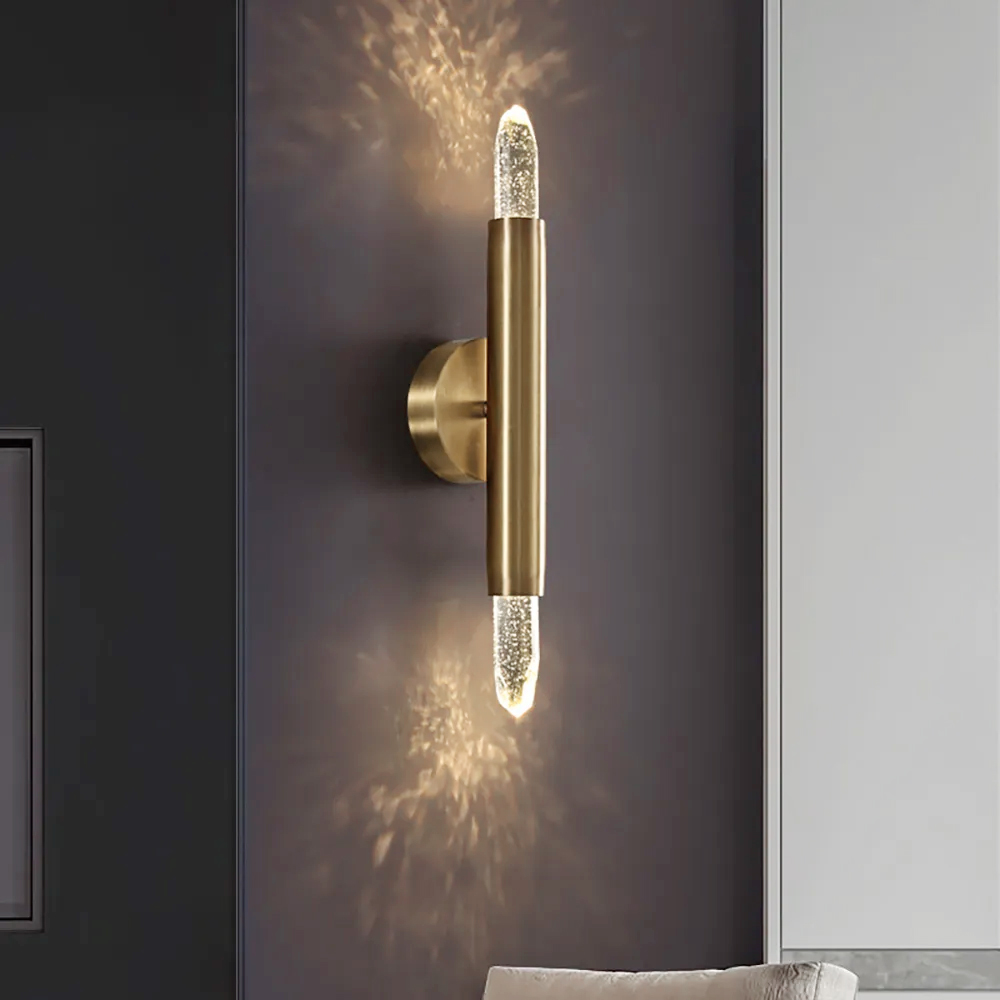 Image of Caram Contemporary Simple 2-Light K9 Crystal Wall Sconce in Brass