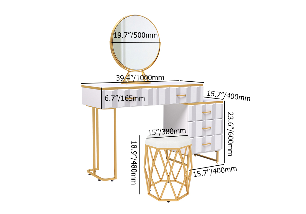 Modern White Extendable Makeup Vanity 5 Drawers Dressing Table Set with