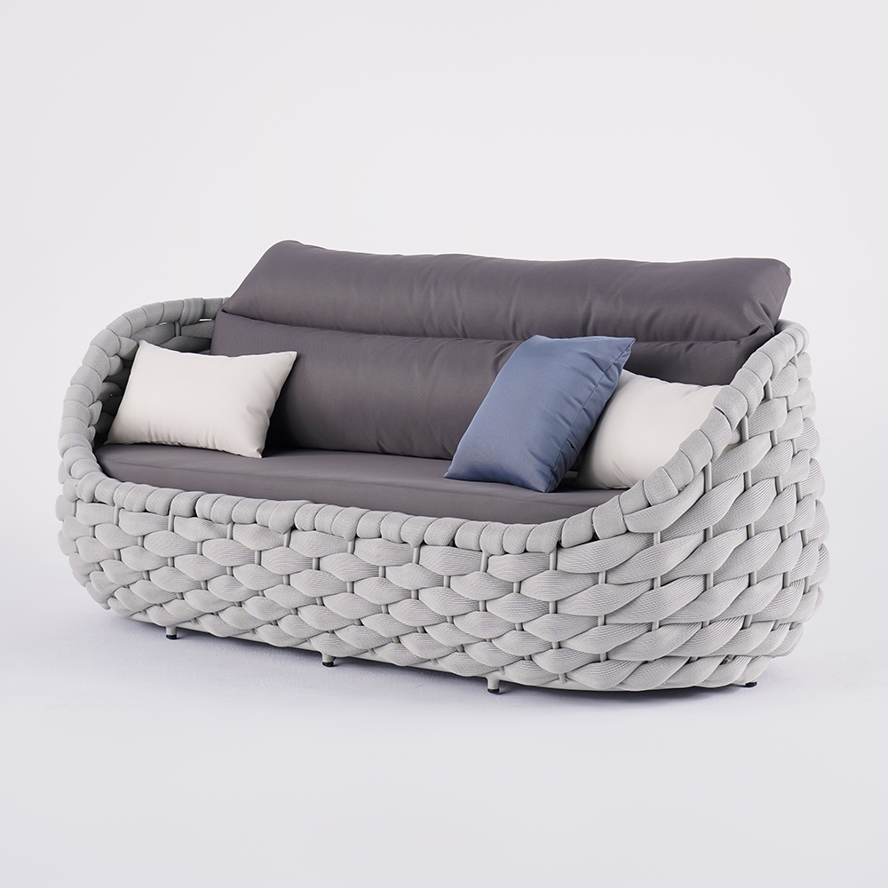 3 Seater Modern Woven Textilene Rope Outdoor Sofa with Removable Cushion Pillow in Gray