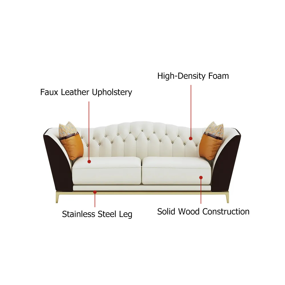 72.8" Faux Leather Upholstered Sofa White and Brown Mid-Century Couch Curved Tufted Back