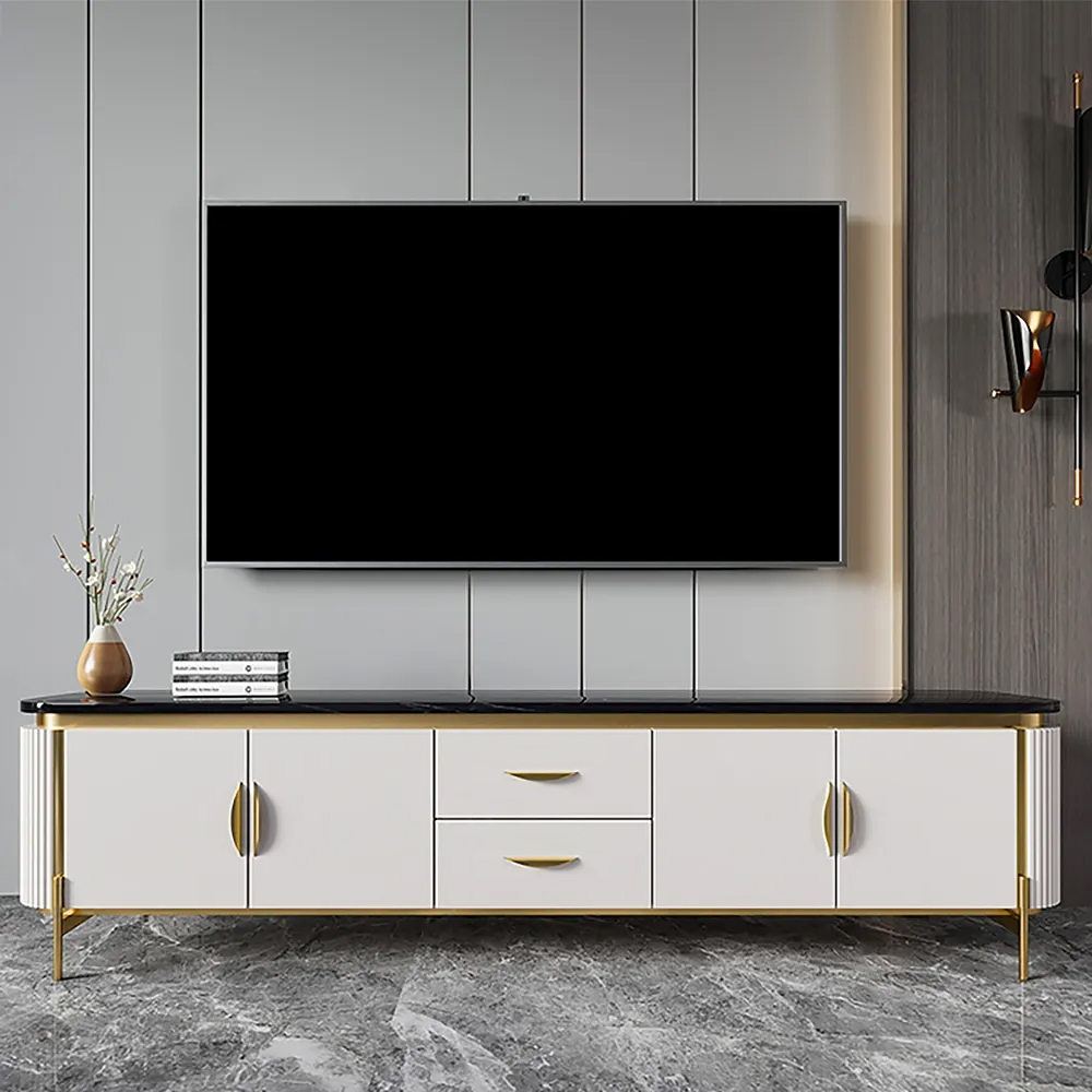 78.7" Black Faux Marble Top TV Console with Drawers & Doors for TVs