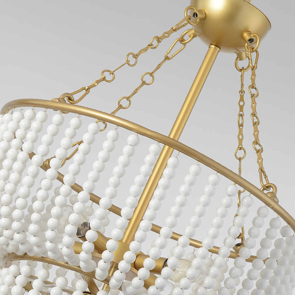 Modern 3-Tier White Ceramic Beads Gold Metal Frame 6-Light Chandelier in Brass