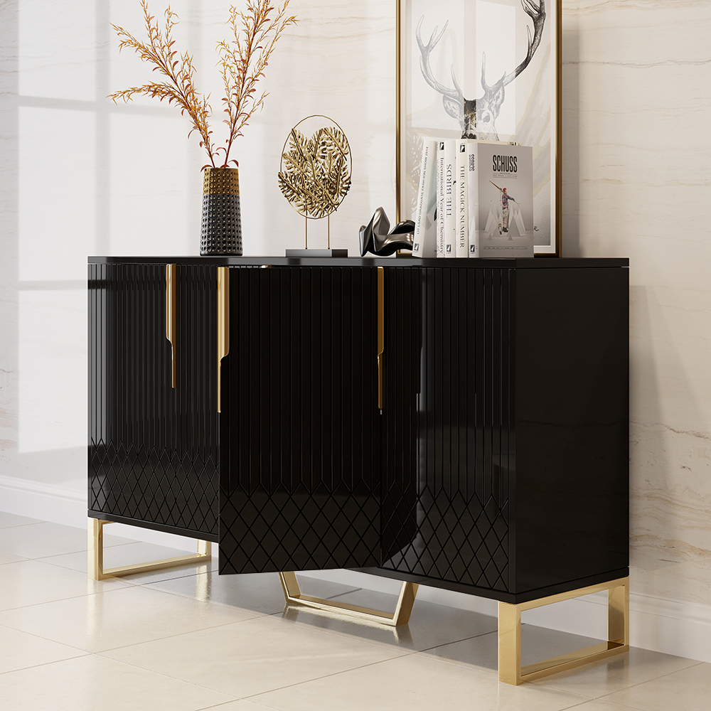 Aro Modern Black Wood Sideboard Cabinet 4 Doors for Kitchen Storage ...