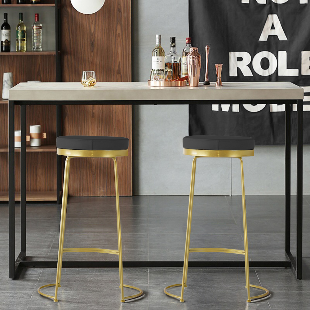 Image of Modern Black Bar Height Stool PU Leather Upholstered Set of 2 with Round Seat
