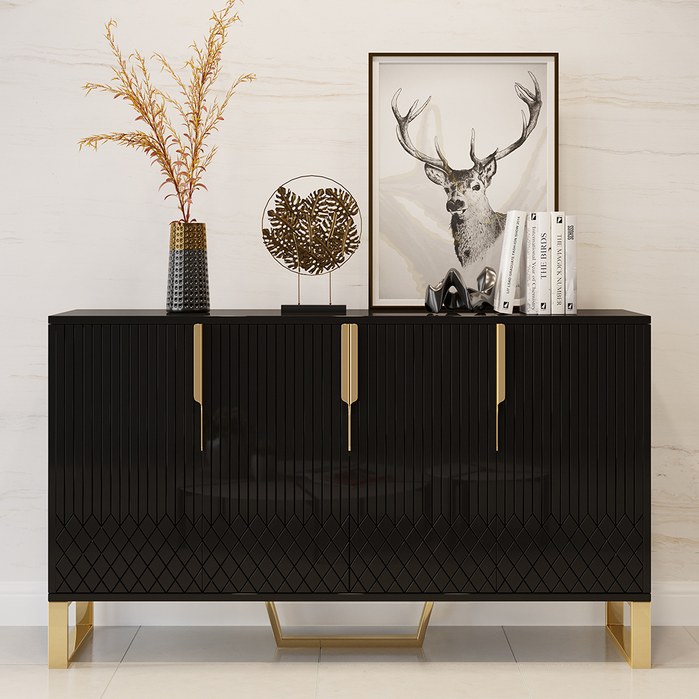 Aro Modern Black Wood Sideboard Cabinet 4 Doors for Kitchen Storage 60 ...
