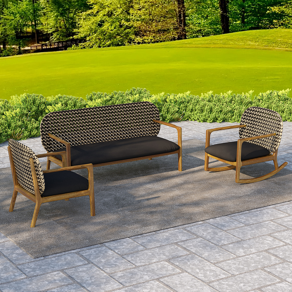 Image of 3 Pieces Teak & Rattan Outdoor Sofa Set Patio Wood Rocking Chair with Cushion in Natural