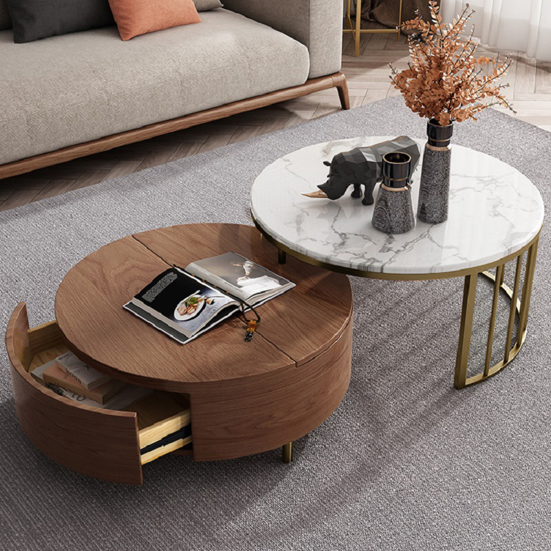 White Walnut Round Nesting Coffee Table, Round Sofa Table With Storage