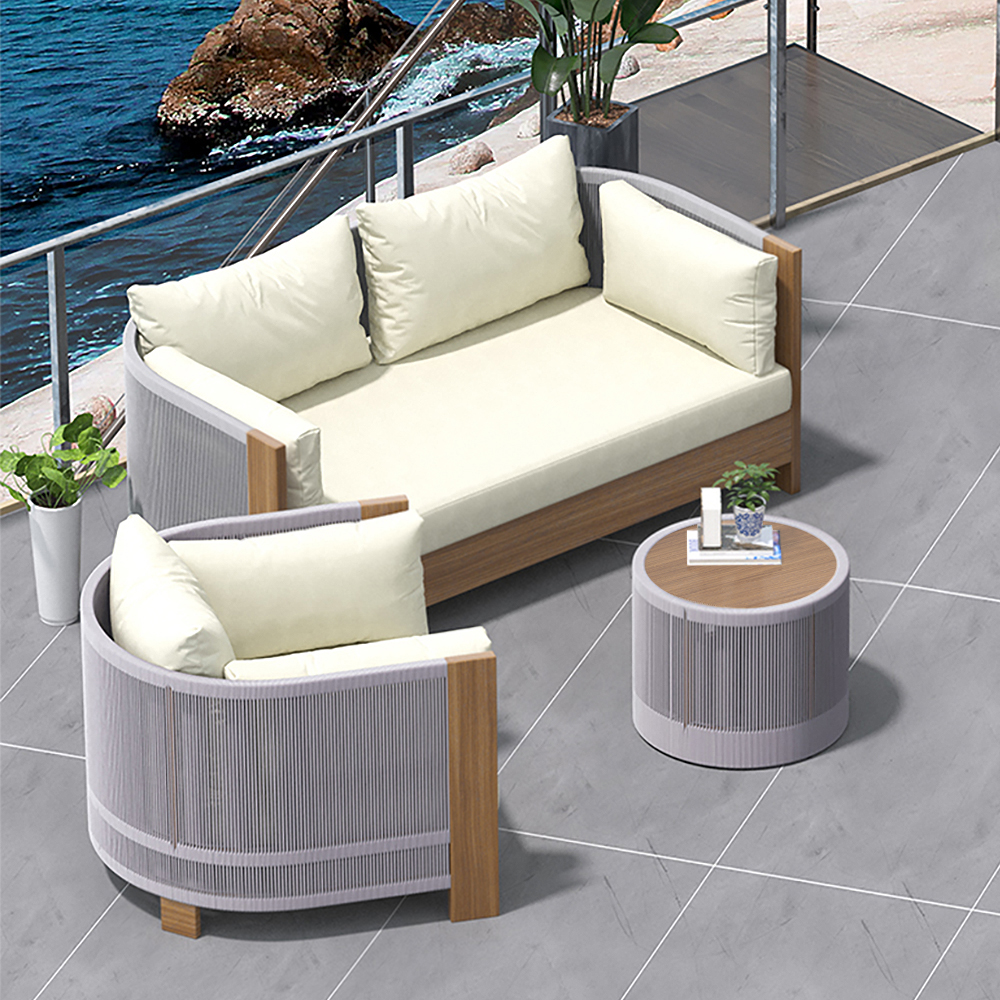 Image of 3Pcs Outdoor Sofa Set with Teak Round Coffee Table & Woven Rope Chair in Natural & Gray