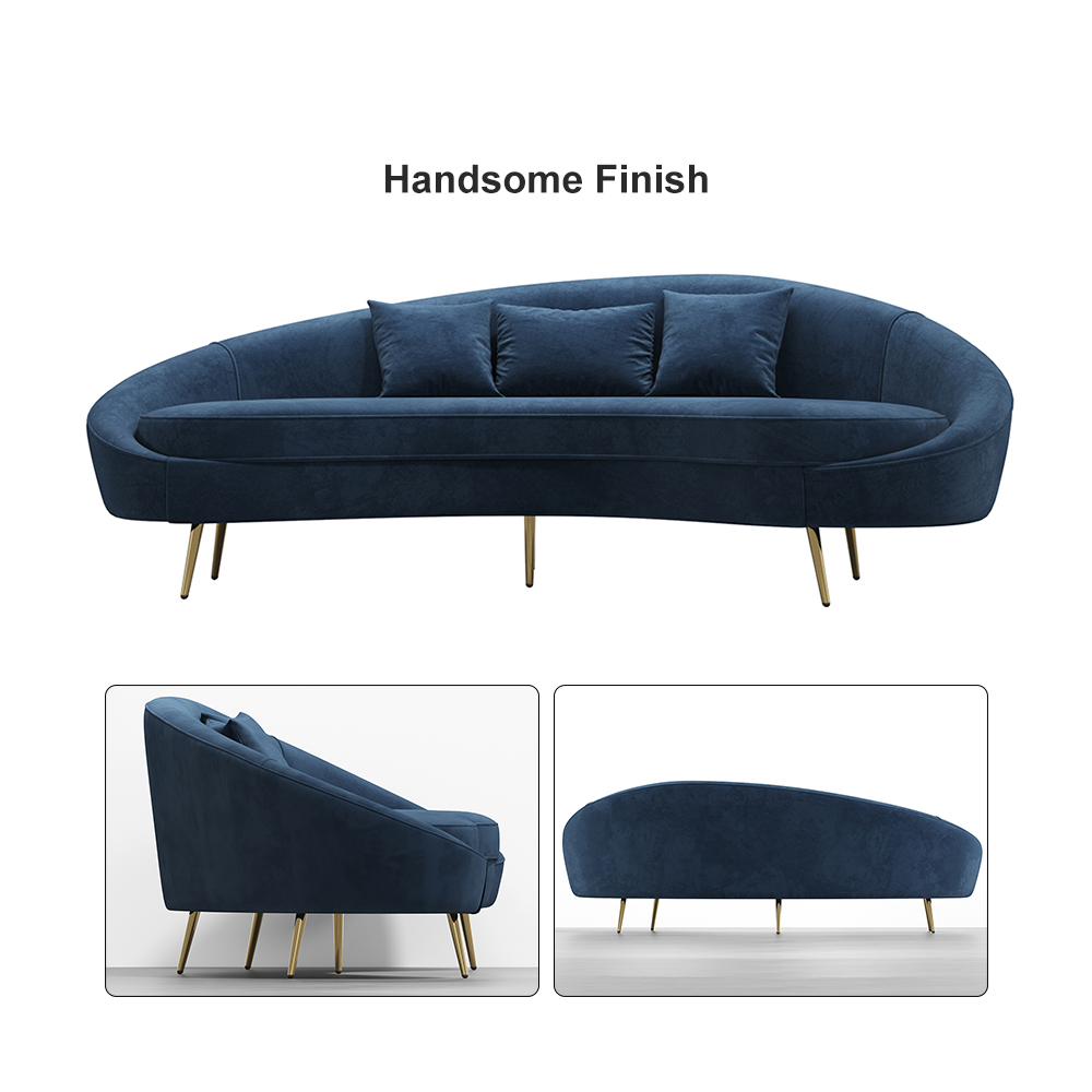 Modernes 2400 mm blaues Samt gebogenes Sofa goldene Metallbeine mit Wurfkissen