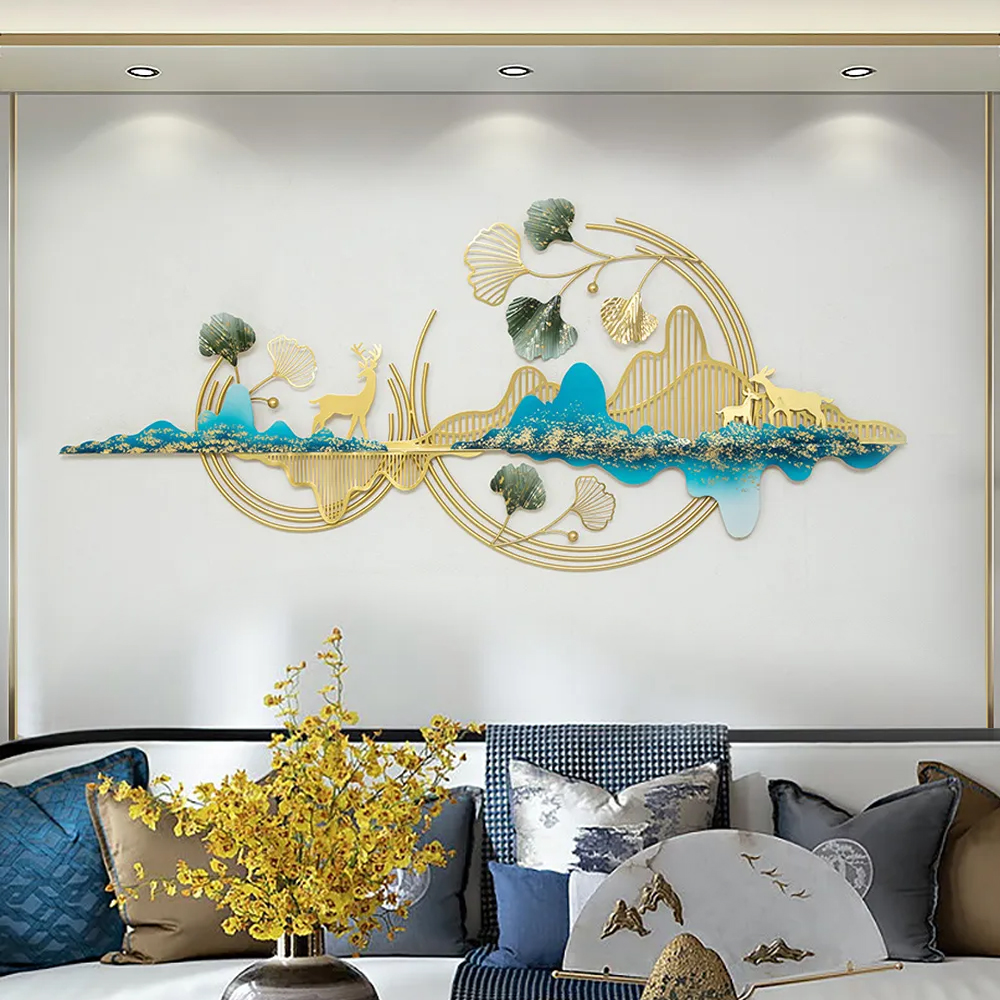 Modern Metal Wall Decor with Deer & Mountain & Leaves Wall Accent in Gold & Blue & Green