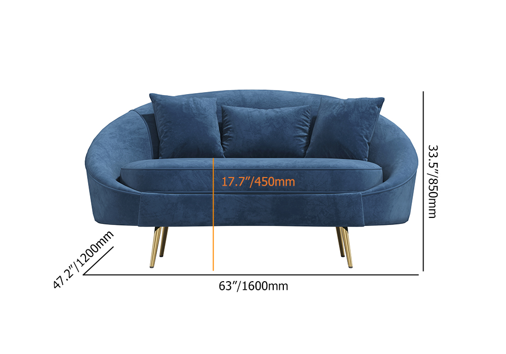 Modern 63" Blue Velvet Curved Sofa Gold Legs Toss Pillow IncludedHomary