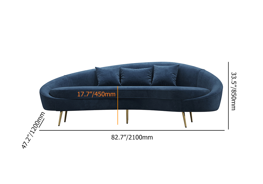 Modern 2100mm Blue Velvet Curved 3 Seater Sofa Gold Legs Toss Pillow Included