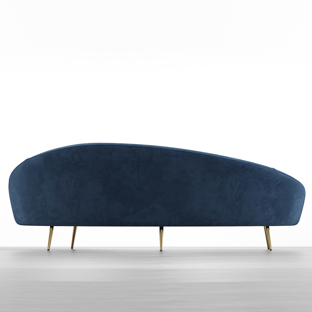 Modern 2100mm Blue Velvet Curved 3 Seater Sofa Gold Legs Toss Pillow Included