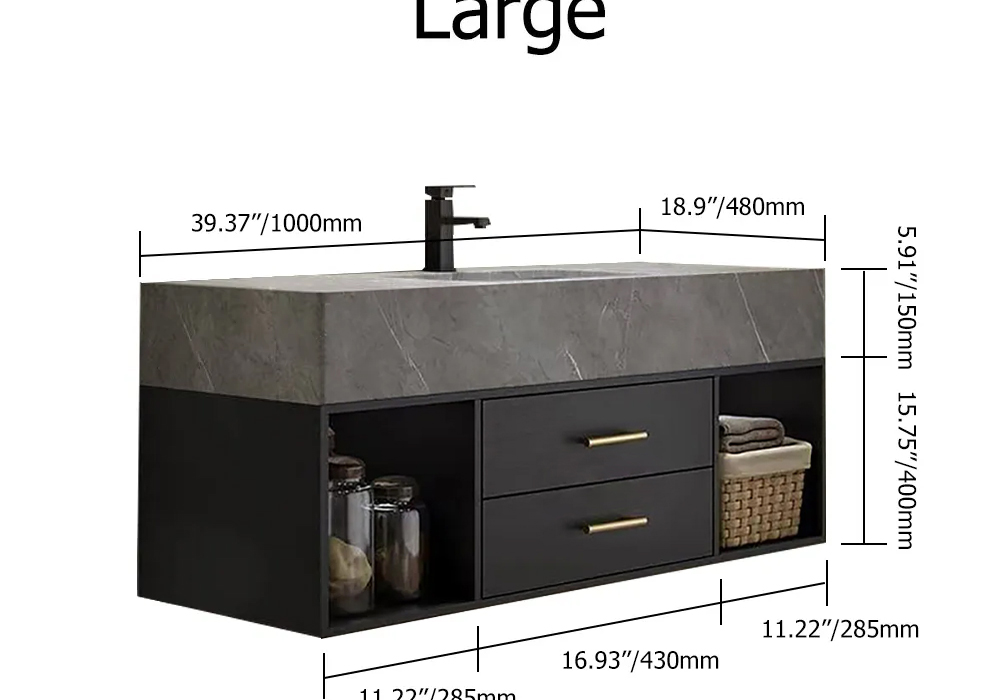 40" Floating Black & Gray Bathroom Vanity with Stone Vessel Sink with 2 Drawers