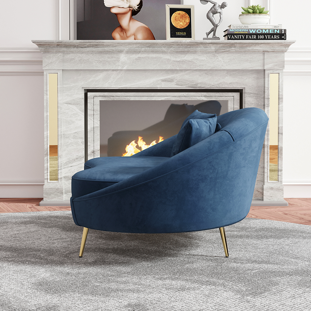 Modern 63" Blue Velvet Curved Sofa Gold Legs Toss Pillow IncludedHomary