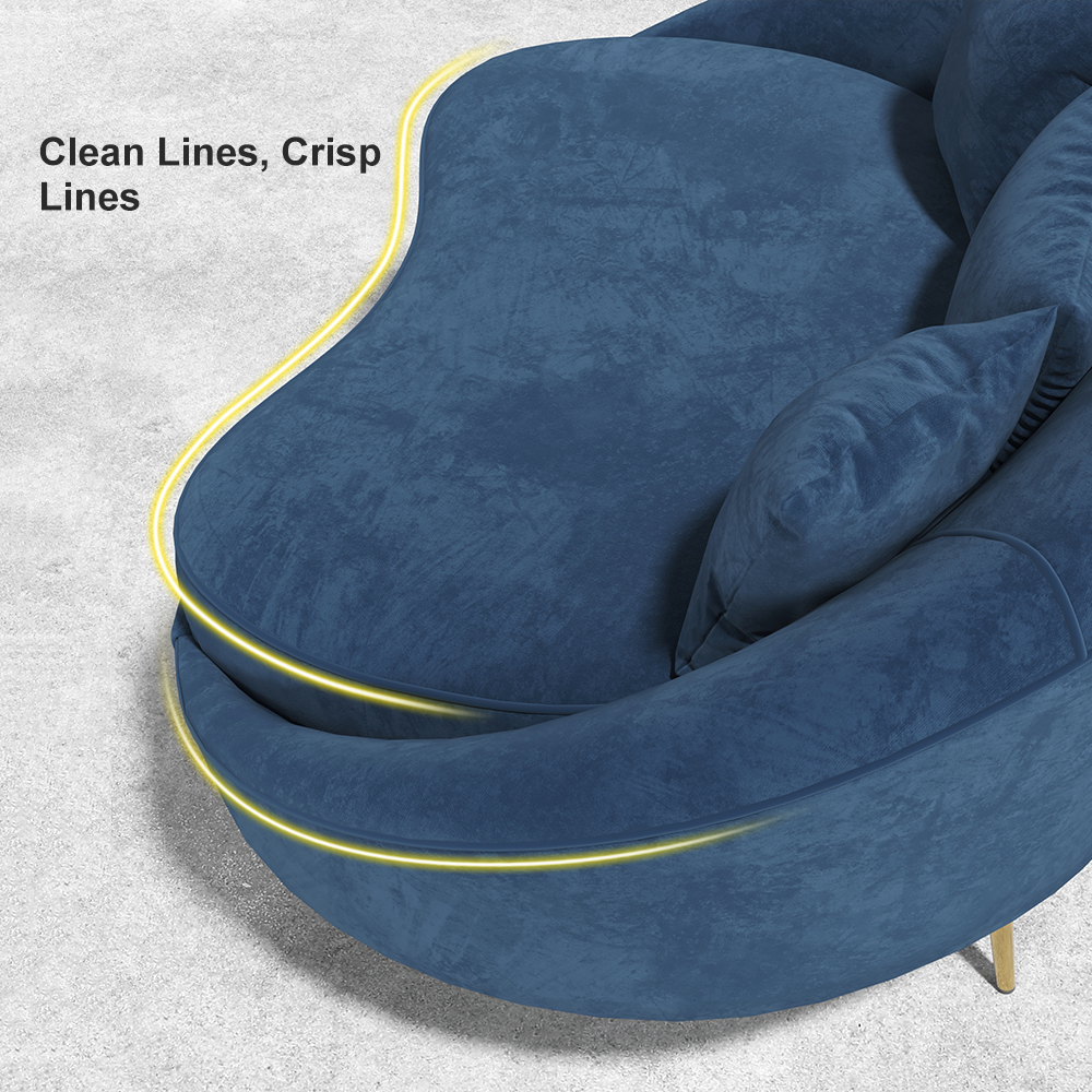 Modern 63" Blue Velvet Curved Sofa Gold Legs Toss Pillow IncludedHomary