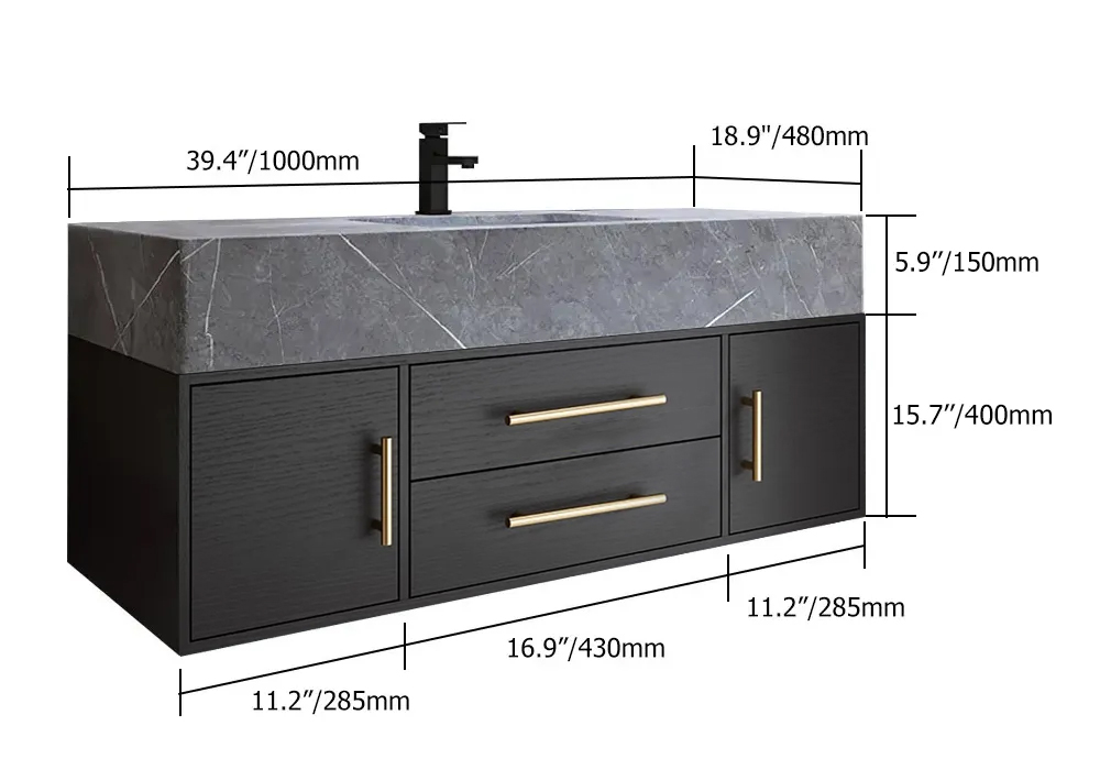 Modern 39" Floating Black Bathroom Vanity Sintered Stone Top Wall Mount Bathroom Cabinet